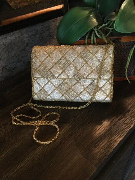 Vintage gold beading diamond metallic pattern handbag