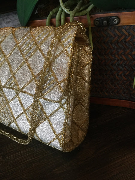 Vintage gold beading diamond metallic pattern handbag