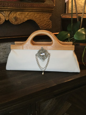 Cream canvas wood handle handbag