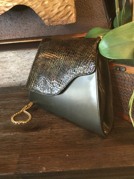 Vintage pewter green croc embossed handbag