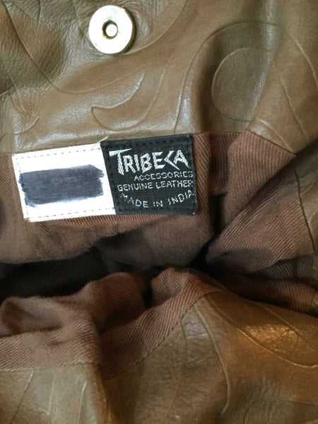 Vintage taupe leather embossed print handbag