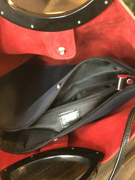 Vintage black leather suede red lining handbag