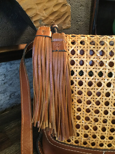 Leather cane trim crossbody handbag