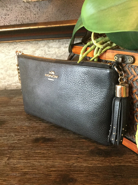 Black leather wristlet handbag