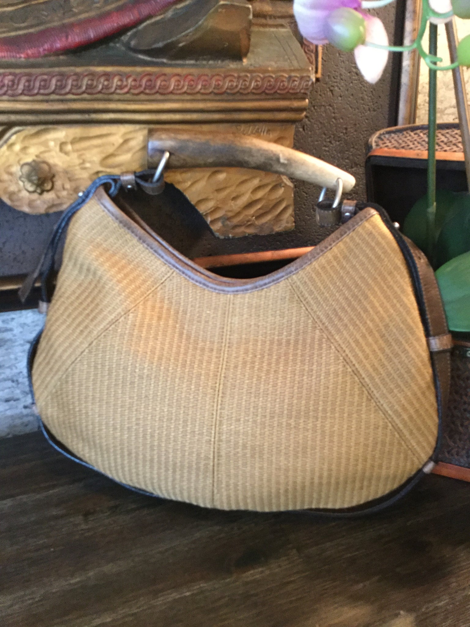Beautiful brown canvas bone wood handle handbag