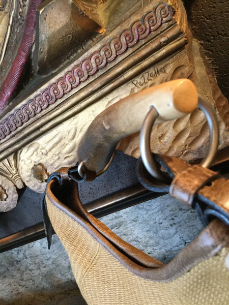 Beautiful brown canvas bone wood handle handbag
