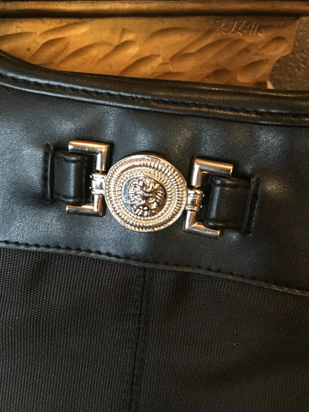 beautiful black leather metal lion medallion handbag