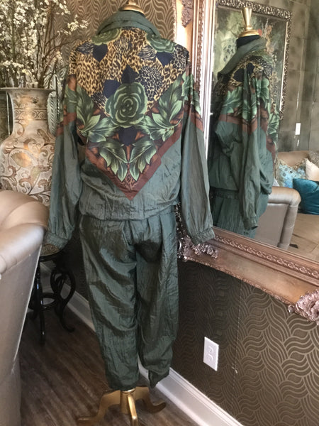 Vintage animal print green leaf jacket pants