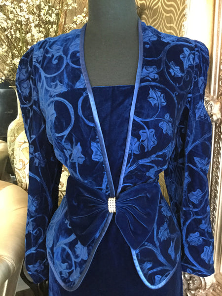 Vintage blue leaf print bow jacket skirt