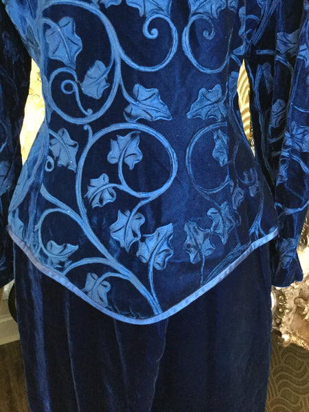 Vintage blue leaf print bow jacket skirt