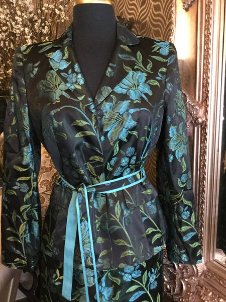 Black teal floral print jacket skirt