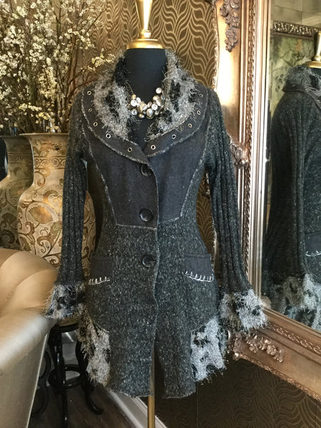 Gray black fuzzy leopard print knit coat