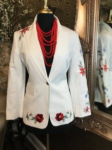 white floral embroidered single button jacket