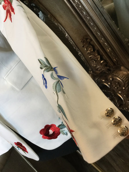 white floral embroidered single button jacket