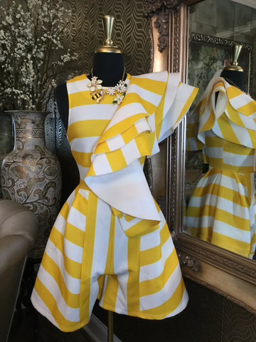 yellow white striped tiered flounce romper dress