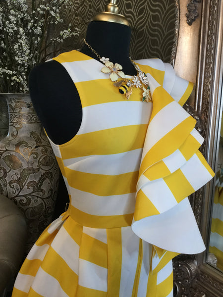 yellow white striped tiered flounce romper dress