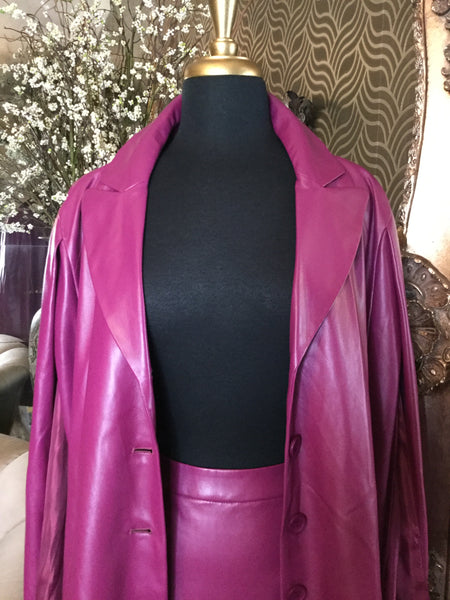 Purple V leather long cape jacket skirt