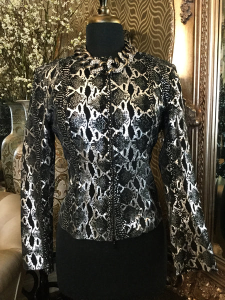 Black metallic silver leather suede reptile print jacket