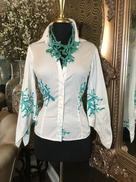 white teal coral print top