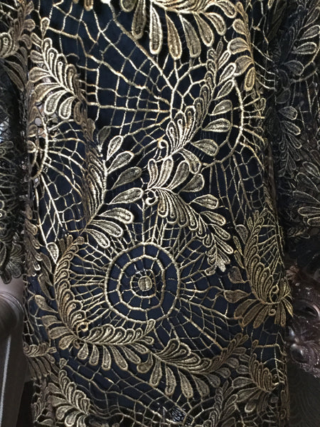 Black bronze gold leaf print sheer dress
