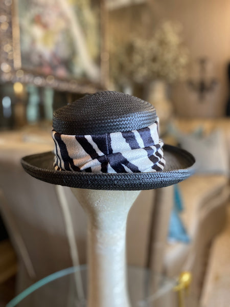 Vintage black straw zebra fabic ban hat