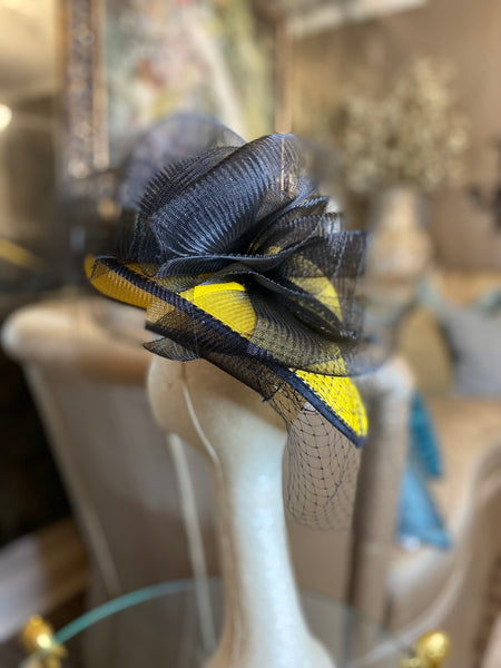 Black yellow straw headpiece hat