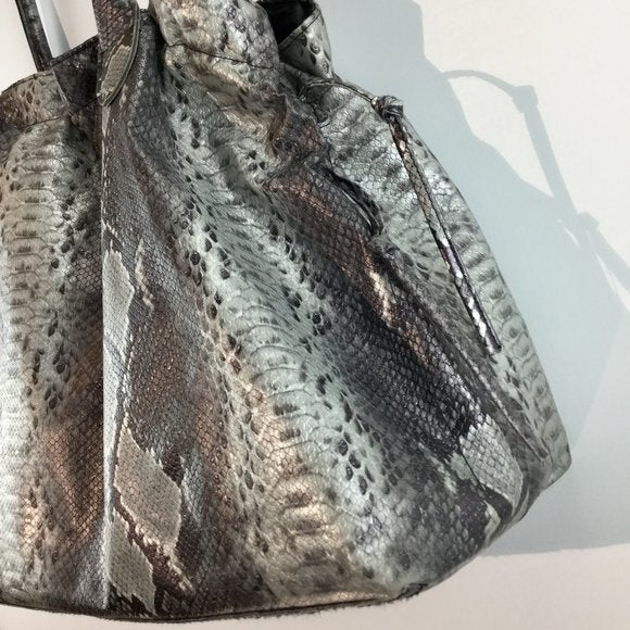 Metallic embossed snake skin print hobo bag