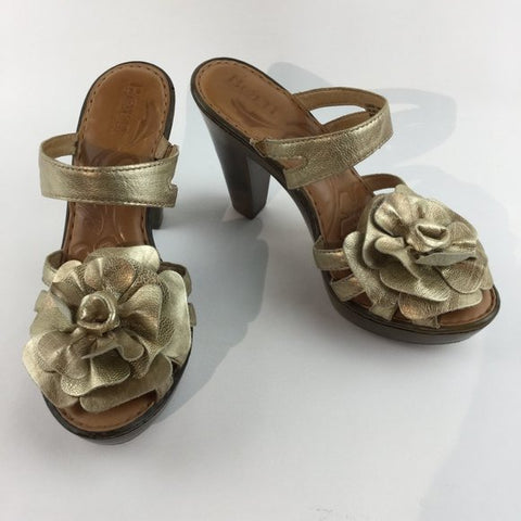 Gold metallic floral leather slide -in heels