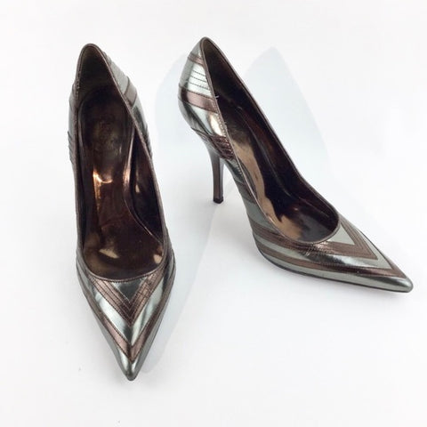 Two tone gunmetal Maria pump heels