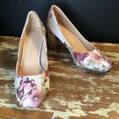 Floral brocade block heels