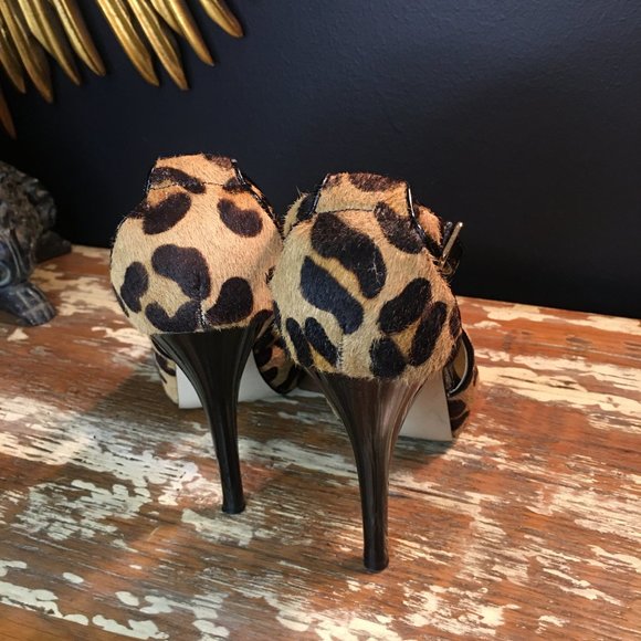 Calf hair animal print peep toe heels